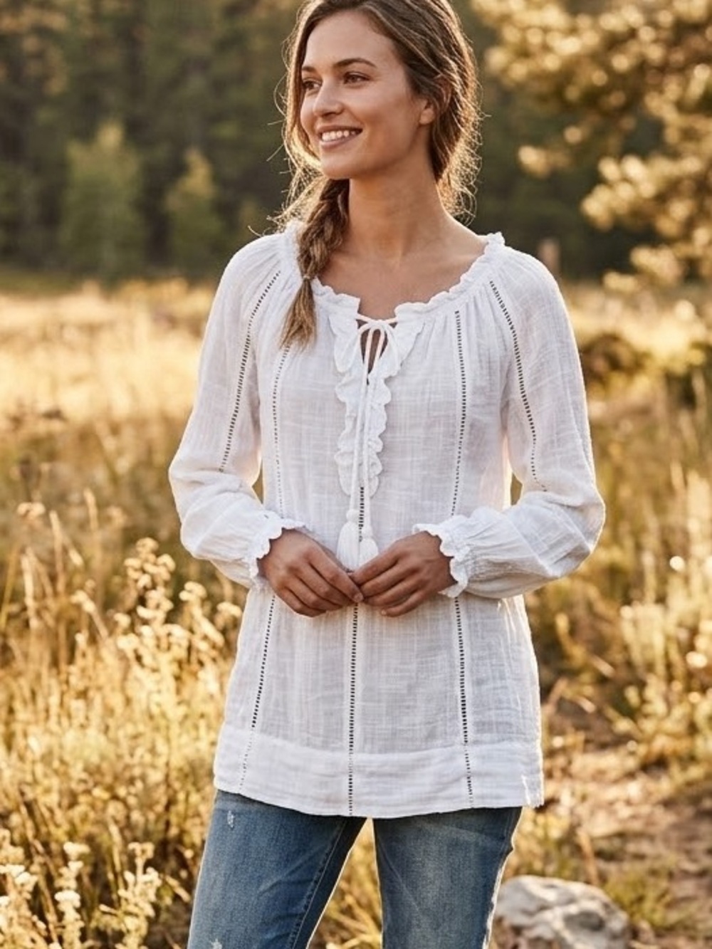 Sundance Catalog Size M White Gauze Boho Eyelet Top White Cotton Blouse